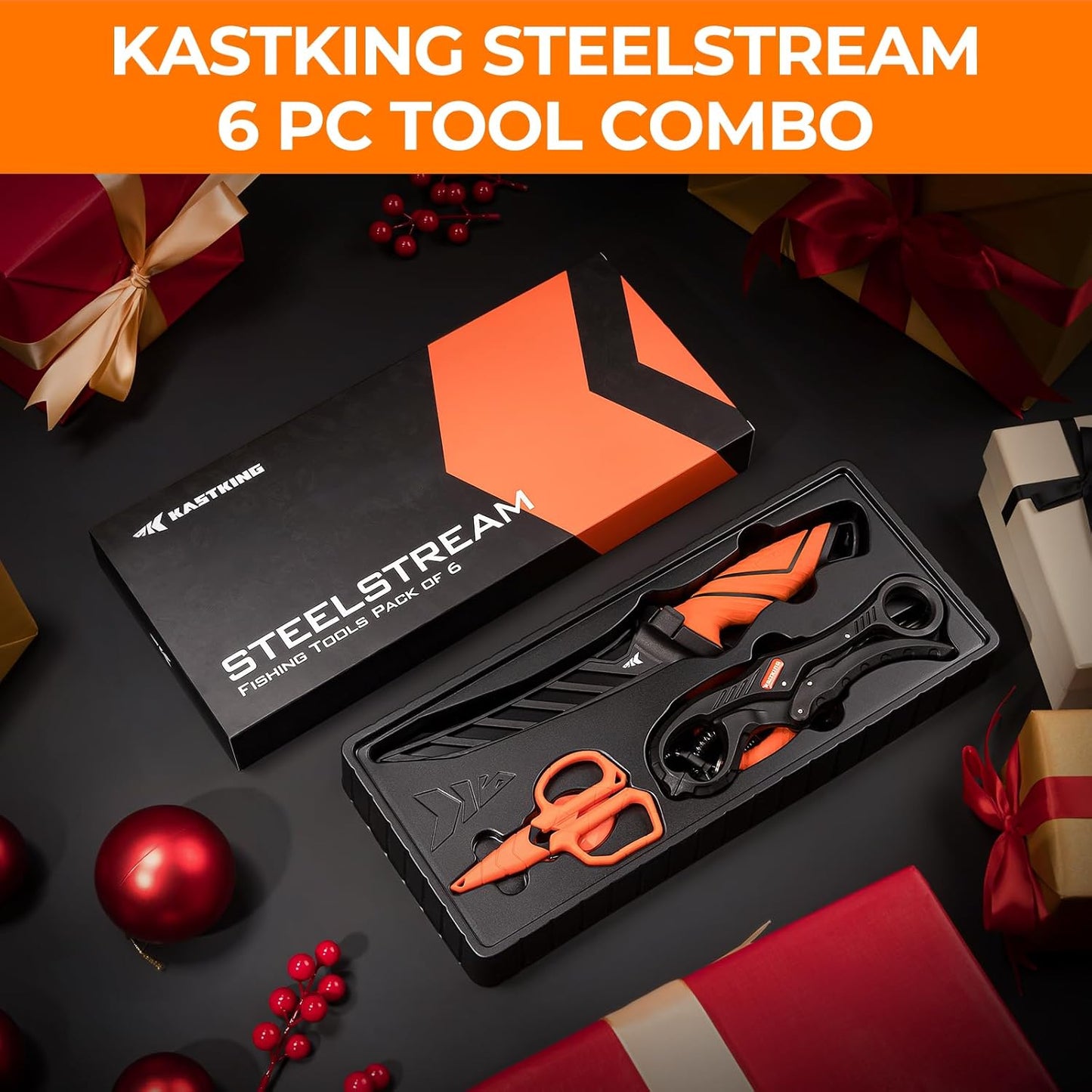 Steelstream 6Pc Fishing Tool Kit - Corrosion Resistant Fishing Pliers with Lanyard, Fillet Knife, Floating Fish Lip Gripper, Fishing Braid Scissors, Tool Retractor, Fishing Gifts for Men